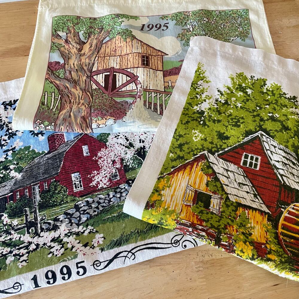 Vintage 1974 1995 Tea Towel Calendar Set of 3 Mill Water Wheel Farm House EUC